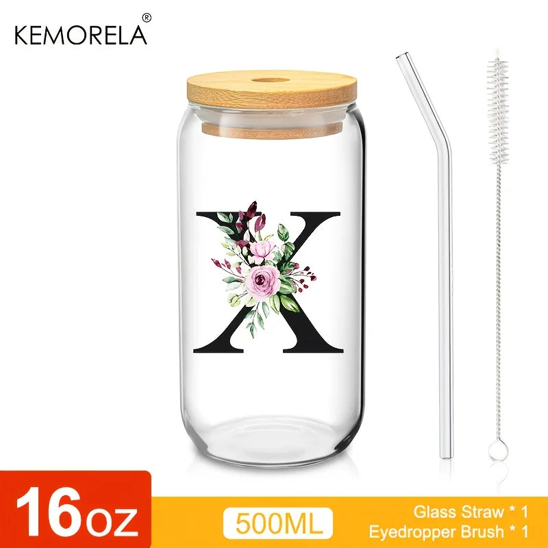 Valou-Verre transparent avec lettre, couvercle en bambou et paille – 470 ml