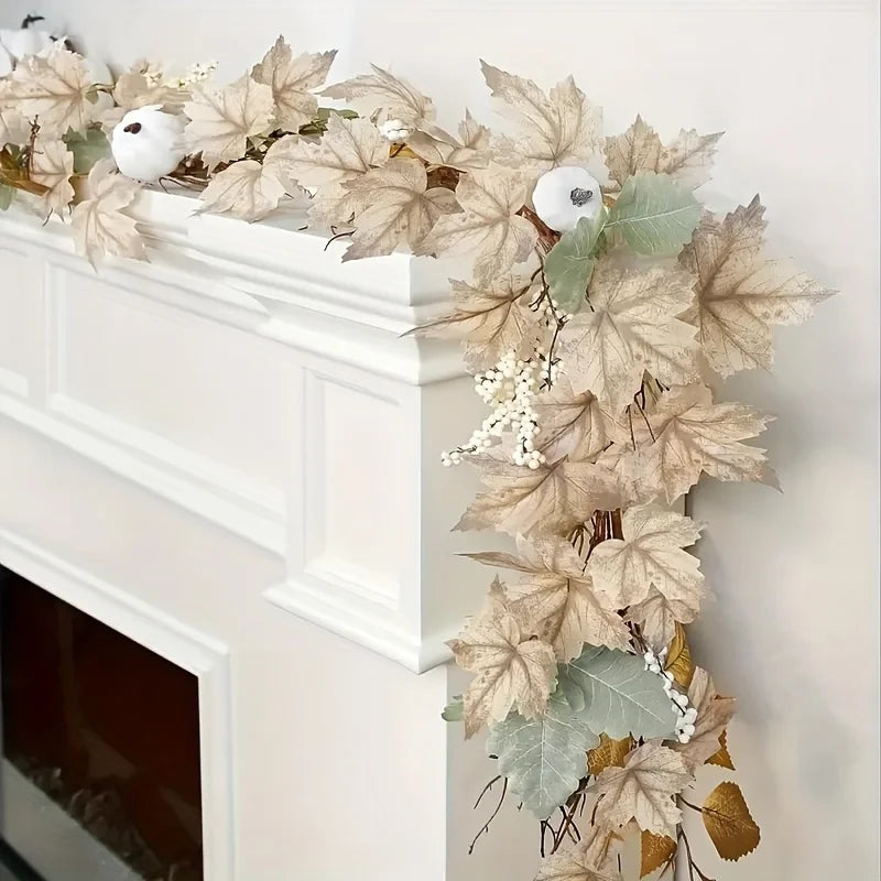 Guirlande d’automne artificielle – Feuilles d’érable, baies et citrouilles