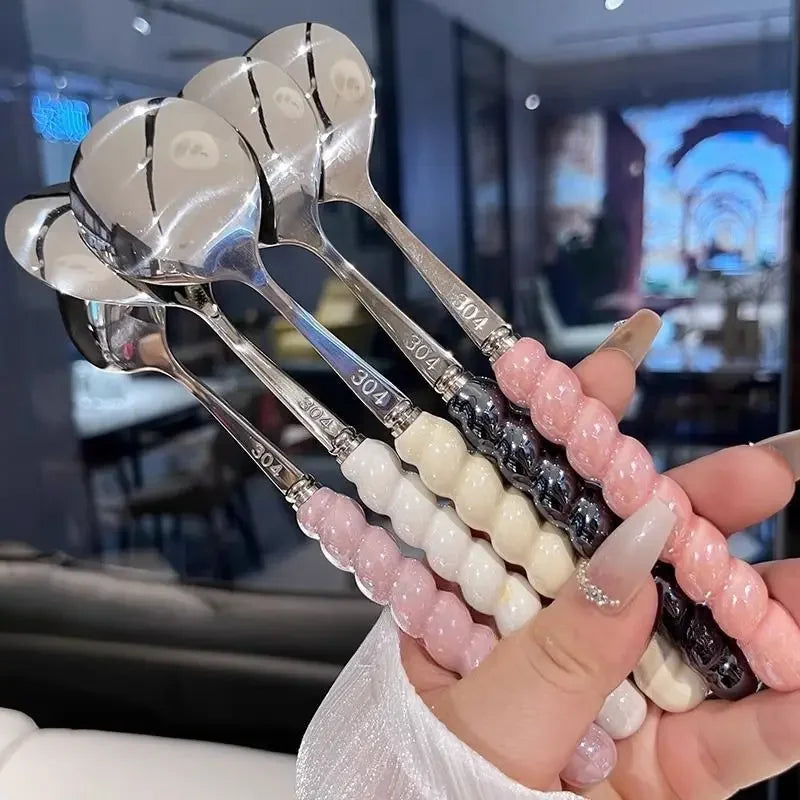 Luxa-Cuillère design à manche perlé en acier inoxydable finition dorée