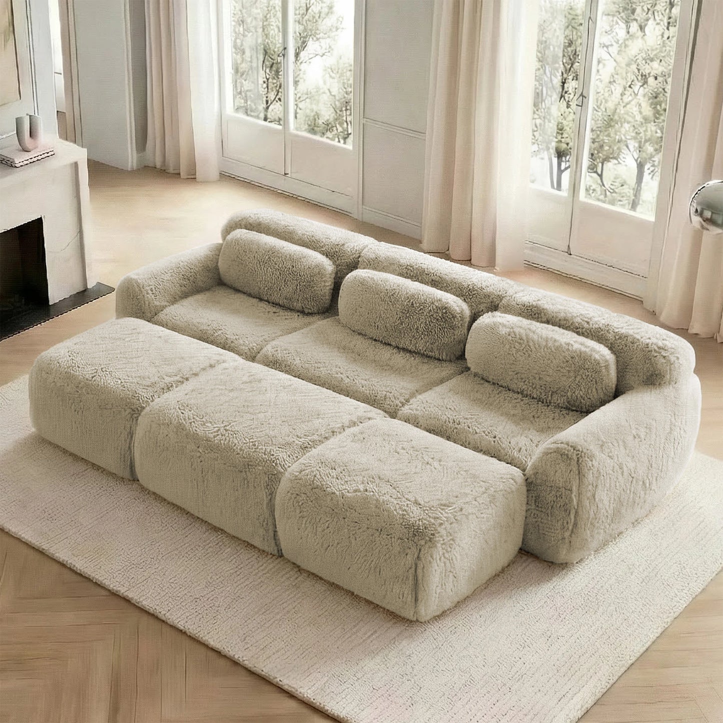 Léa-Canapé modulable 3 places en tissu bouclette avec poufs intégrés