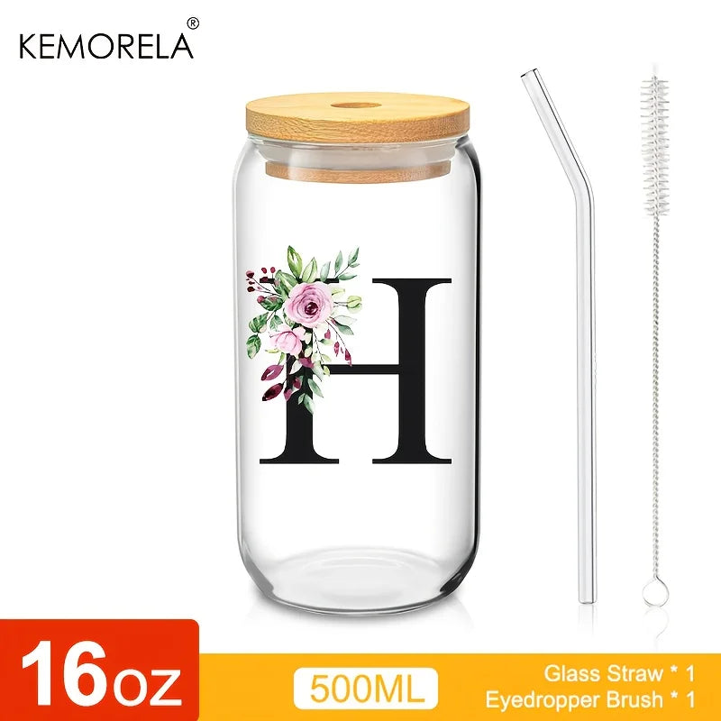 Valou-Verre transparent avec lettre, couvercle en bambou et paille – 470 ml
