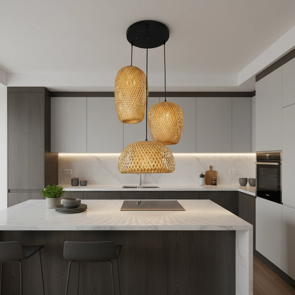 Ibiza-Suspension triple en bambou tressé – Luminaire naturel style Japandi