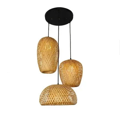 Ibiza-Suspension triple en bambou tressé – Luminaire naturel style Japandi