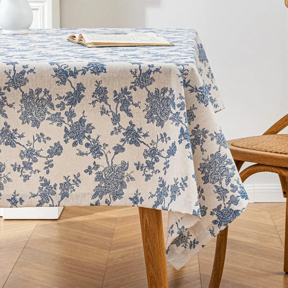 Caro-Nappe de table rectangulaire à fleurs bleues – Style bohème naturel