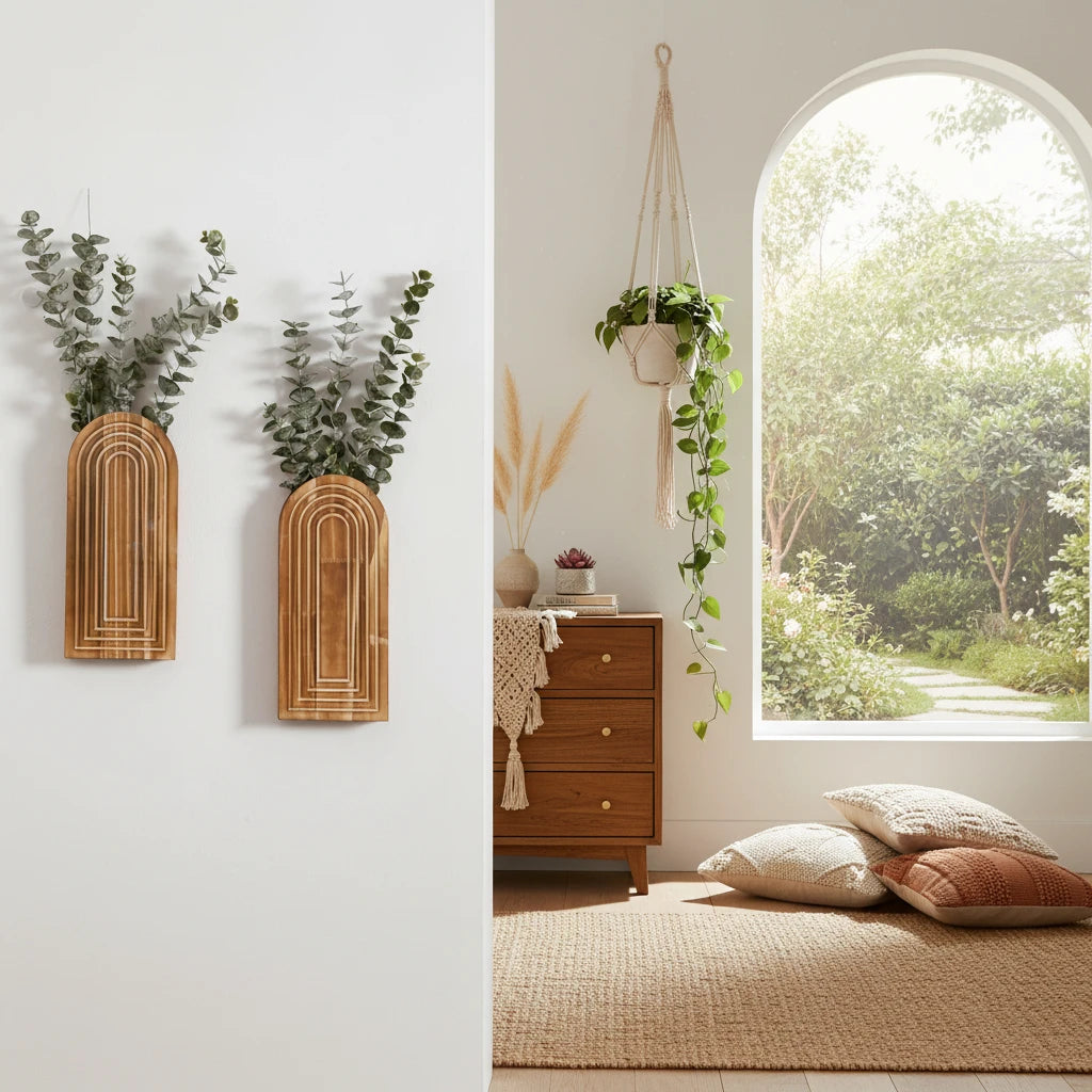 Fuita-Vase mural en bois bohème – décoration murale naturelle (à l’unité ou en lot de 2)