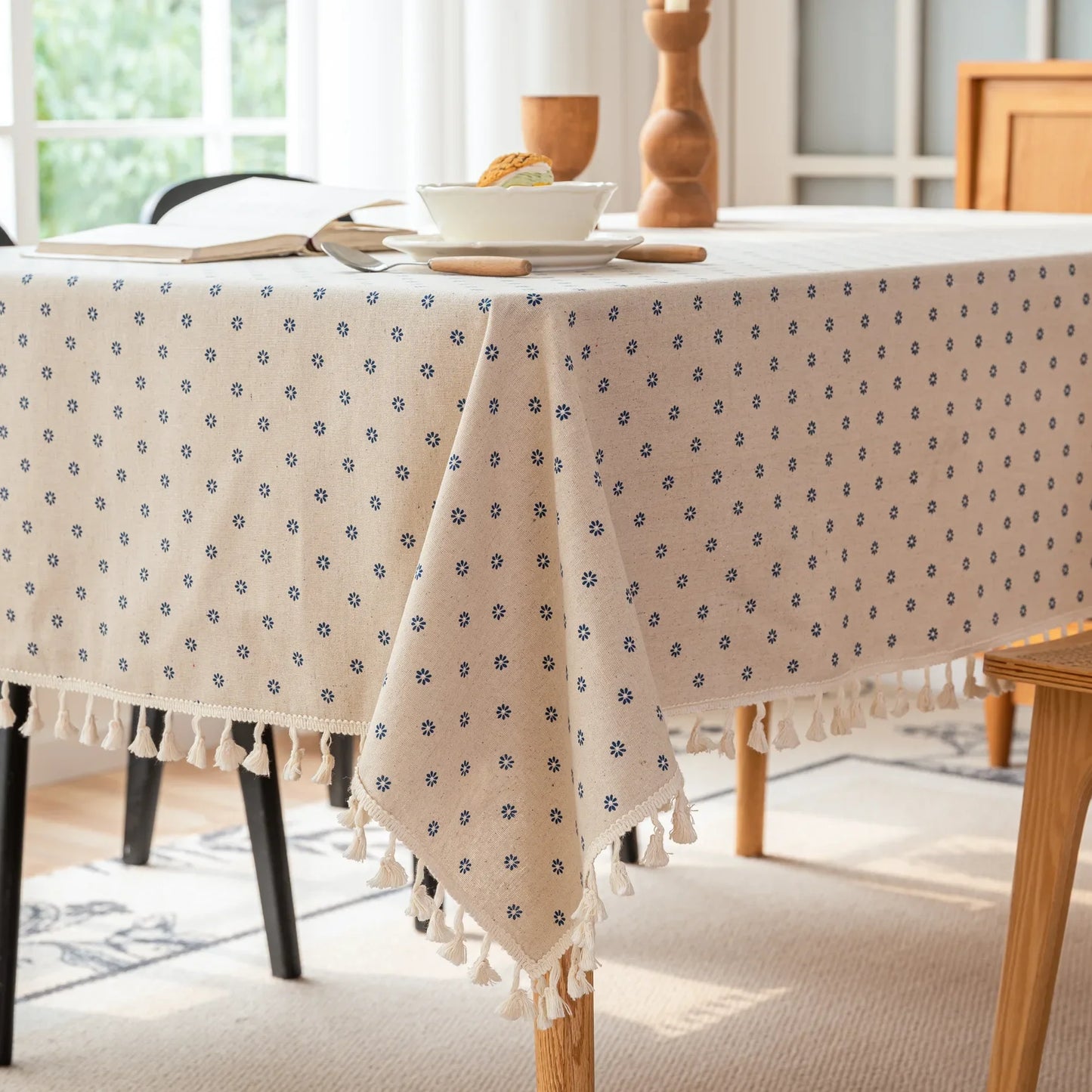 Caro-Nappe de table rectangulaire à fleurs bleues – Style bohème naturel