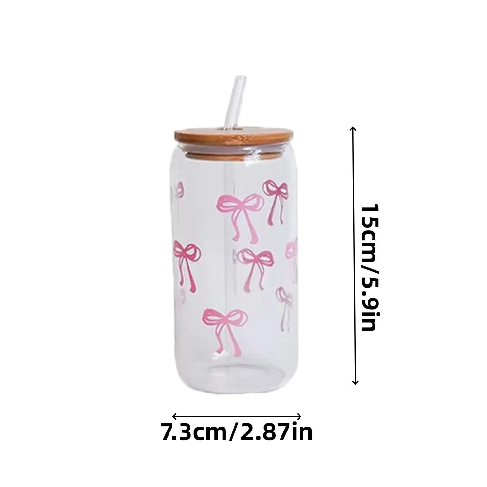 Girly-Verre transparent avec couvercle en bambou, paille et nœuds roses – 1 ou 2 pièces