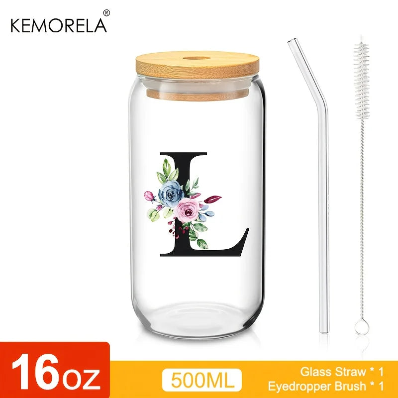 Valou-Verre transparent avec lettre, couvercle en bambou et paille – 470 ml
