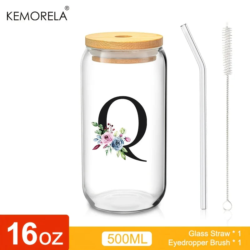 Valou-Verre transparent avec lettre, couvercle en bambou et paille – 470 ml
