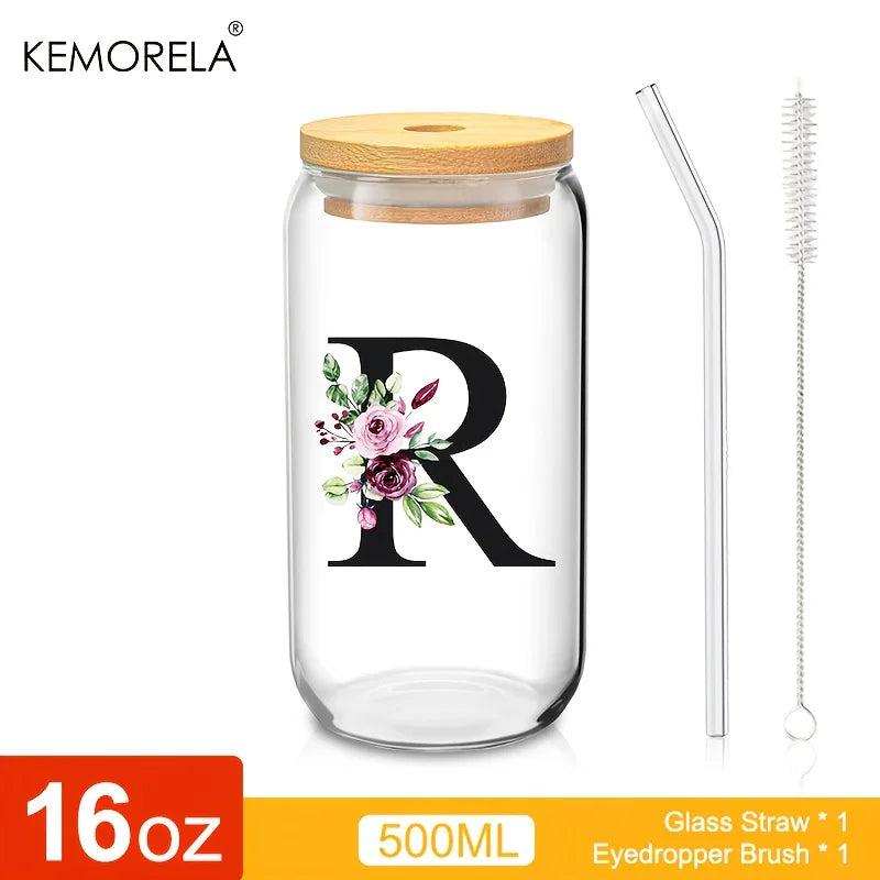 Valou-Verre transparent avec lettre, couvercle en bambou et paille – 470 ml