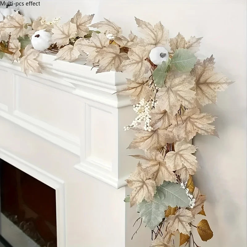 Guirlande d’automne artificielle – Feuilles d’érable, baies et citrouilles