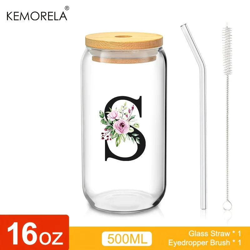 Valou-Verre transparent avec lettre, couvercle en bambou et paille – 470 ml