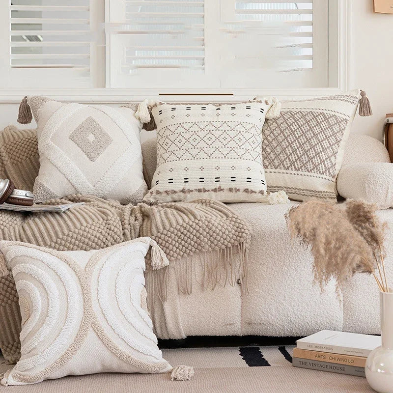 West-Housse de coussin beige à boucles, motif géométrique semi-circulaire, brodée et crochetée, pour canapé