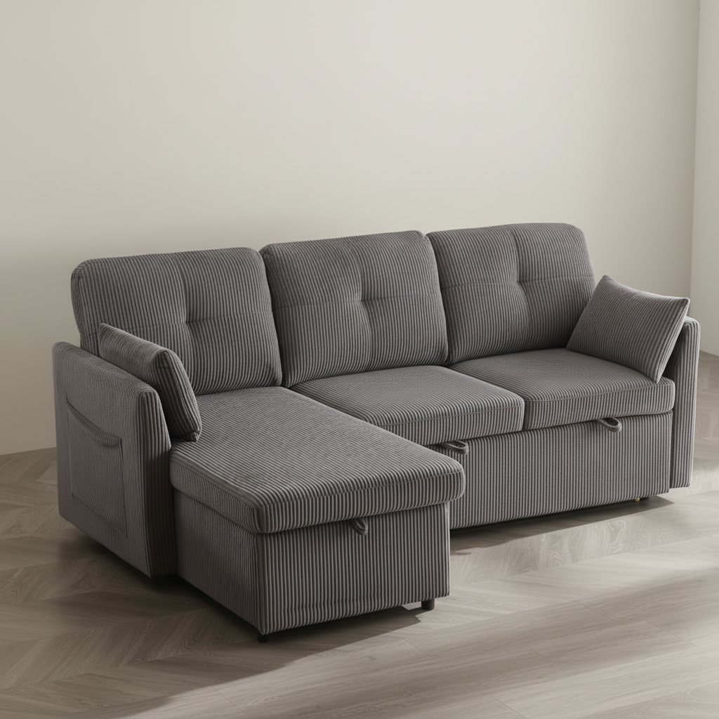 Hugo-Canapé d’angle convertible modulable avec coffre de rangement gris foncé