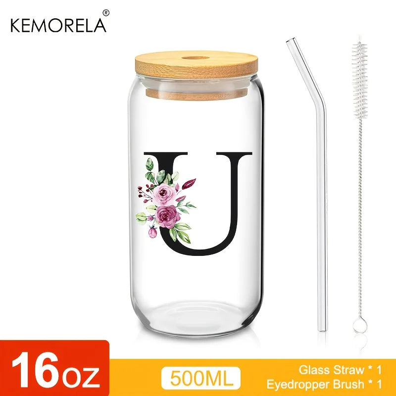 Valou-Verre transparent avec lettre, couvercle en bambou et paille – 470 ml