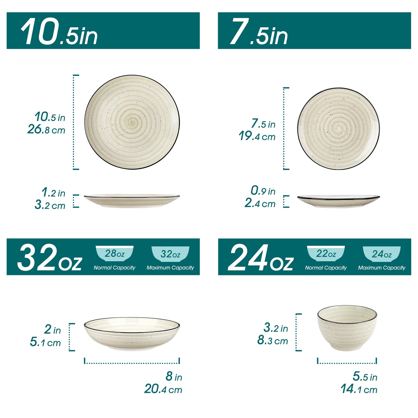 Cyclone - Service de Table Spiral Beige en céramique 24 pièces pour 6 personnes ou 48 pièces pour 12 personnes