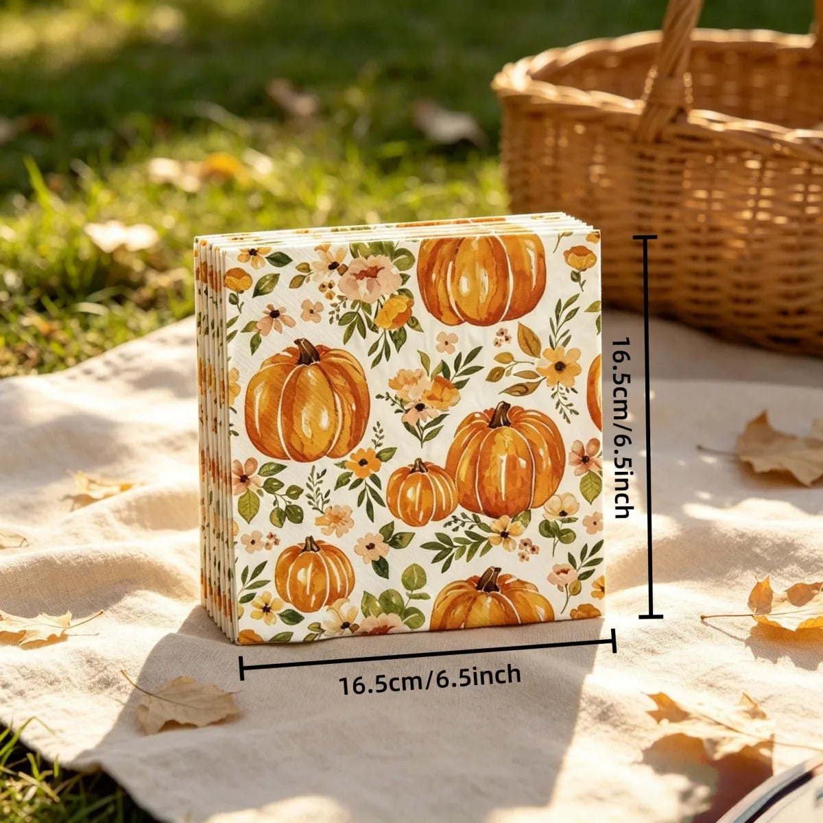 Serviettes automnales aquarelle – Citrouilles & fleurs