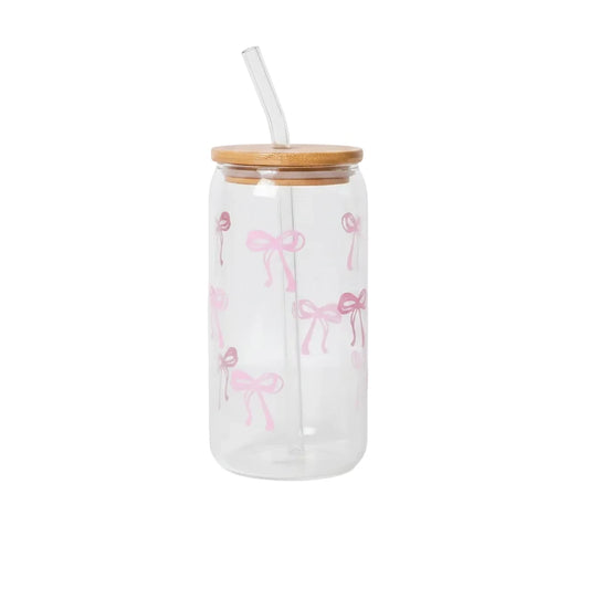 Girly-Verre transparent avec couvercle en bambou, paille et nœuds roses – 1 ou 2 pièces
