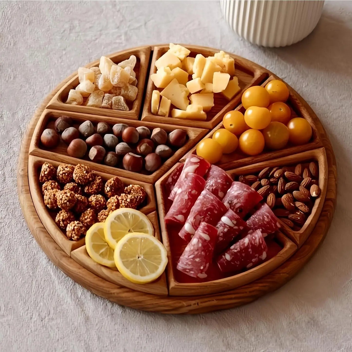 rota-Plateau apéritif rond compartimenté en bois naturel