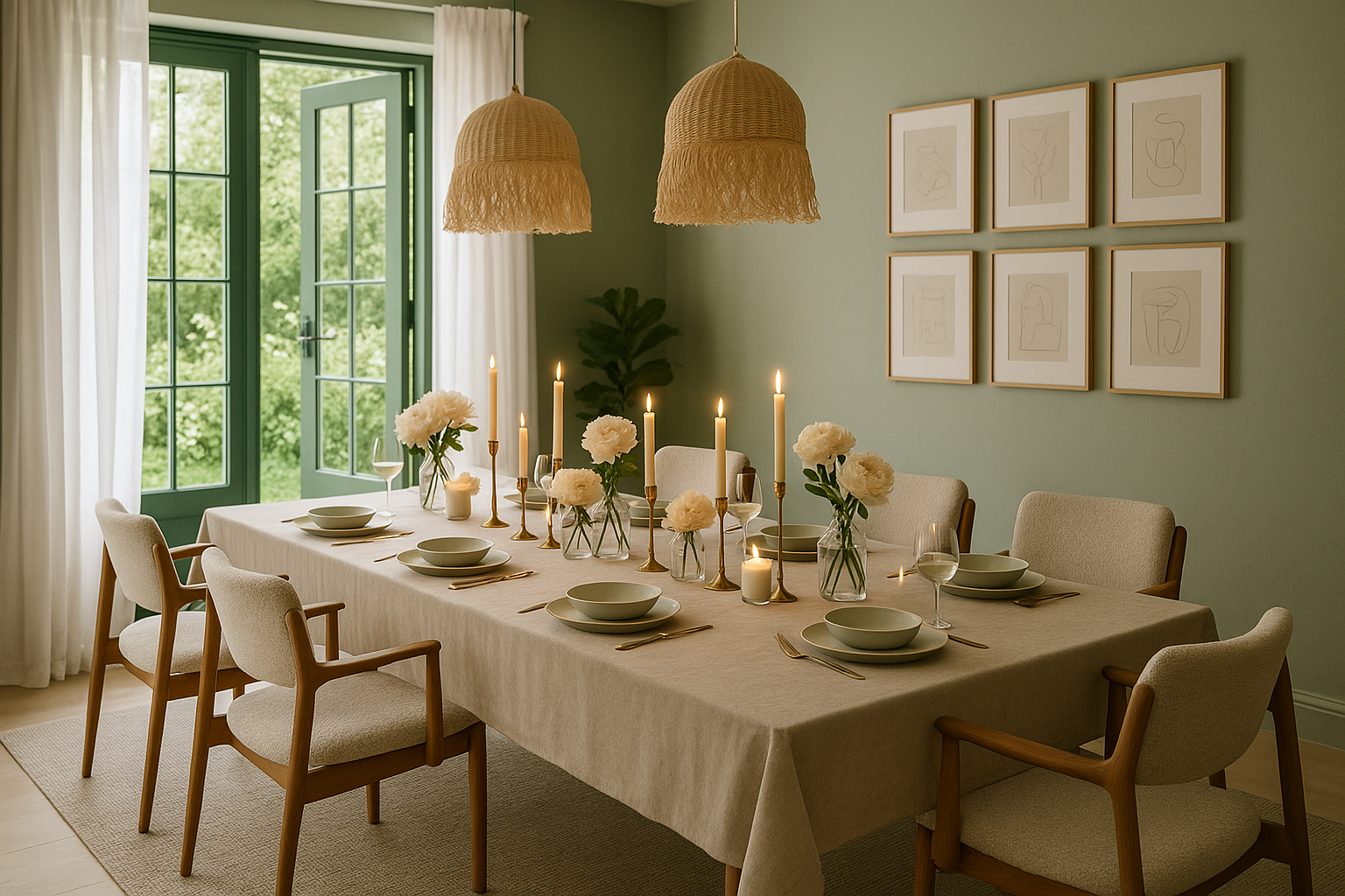 garde l'image et rajoute un rideau et ouvre la porte fenêtre et modifie la taille des tableaux , je les voudrais de la meme taille et la fauteuils accoudoir en bois et dossiers et assises en boulettes beige clair 