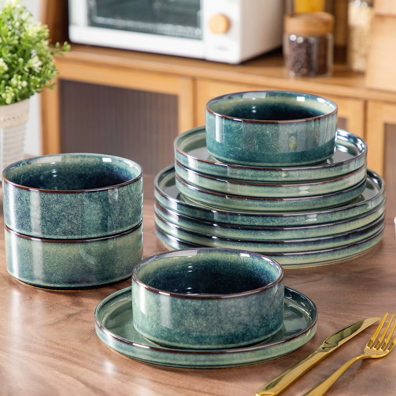 Service de table vert texturé – Collection Élégance - (4, 8 ou 12 personnes)