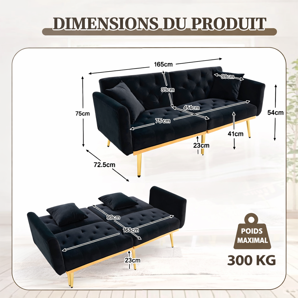 Elly-Canapé convertible 2 places en velours avec dossier réglable et pieds métal