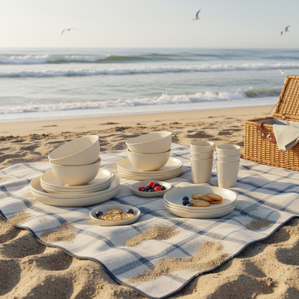 Lilli-Service de table nomade beige réutilisable pour pique-nique