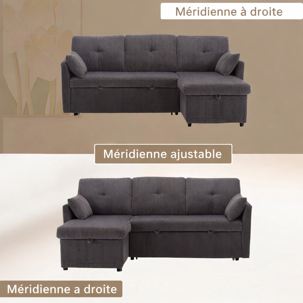 Hugo-Canapé d’angle convertible modulable avec coffre de rangement gris foncé
