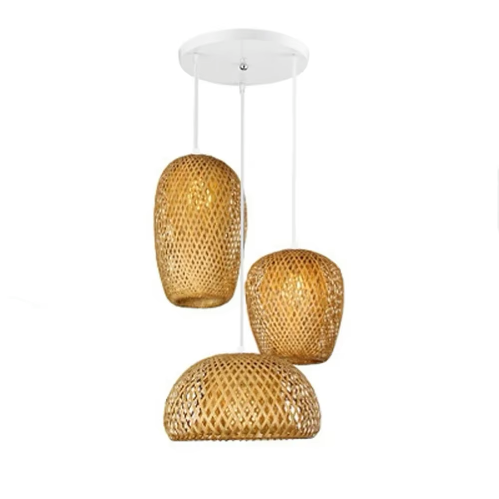 Ibiza-Suspension triple en bambou tressé – Luminaire naturel style Japandi