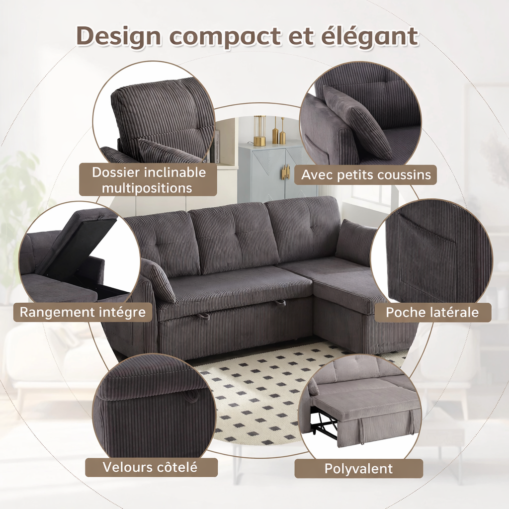 Hugo-Canapé d’angle convertible modulable avec coffre de rangement gris foncé