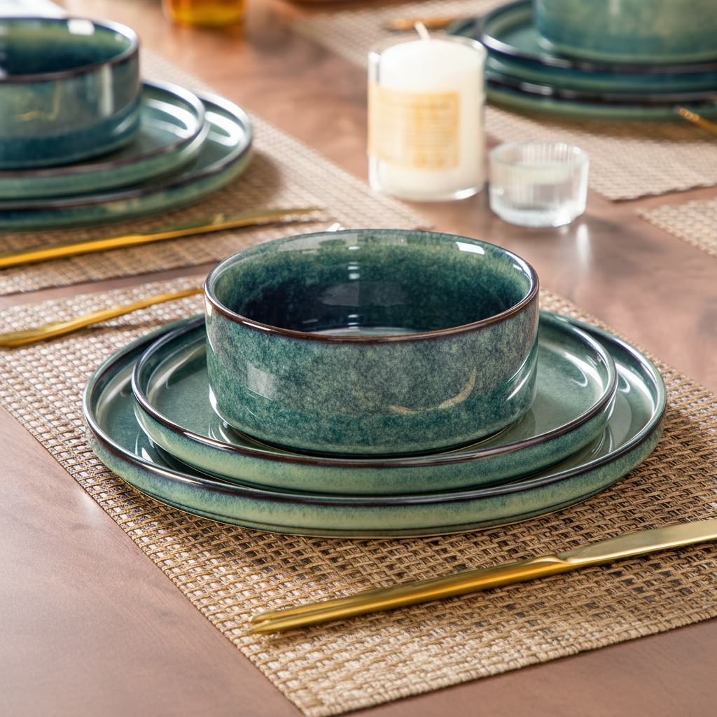 Service de table vert texturé – Collection Élégance - (4, 8 ou 12 personnes)